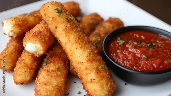 Fototapeta Crispy mozzarella sticks with a bold and fiery chili sauce, perfect for snacking or serving at a party.