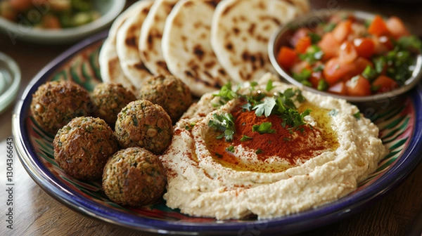 Fototapeta Authentic Lebanese Hummus with Crispy Falafel and Pita Bread