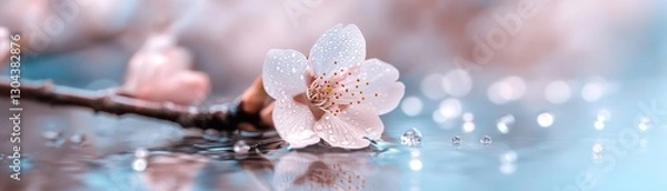 Fototapeta Gentle spring rain falls on fragile cherry blossoms, creating reflections on the water's surface. The atmosphere is softened with pastel tones of pink and blue, evoking tranquility