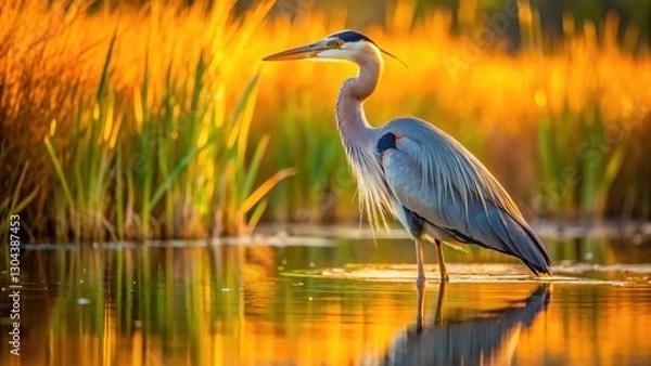 Fototapeta Great blue heron standing in the marsh with its feathers showing shades of blue and grey near a pond or river in the wild