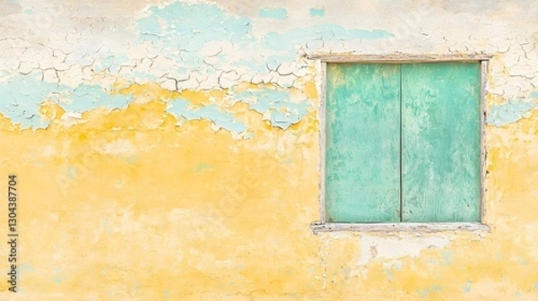 Obraz Weathered Wall with Textured Yellow and Blue Paint and a Vintage Wooden Window
