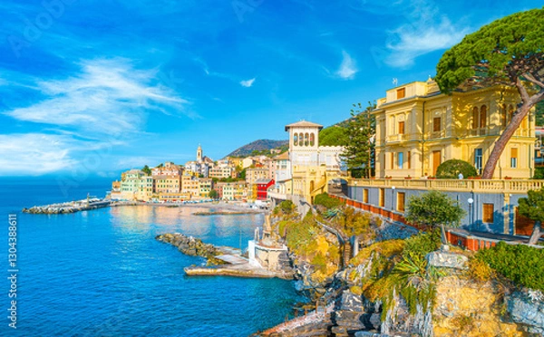 Obraz View of Bogliasco. Bogliasco is a ancient fishing village in Italy, Genoa, Liguria. Mediterranean Sea, sandy beach and architecture of Bogliasco town. Italy