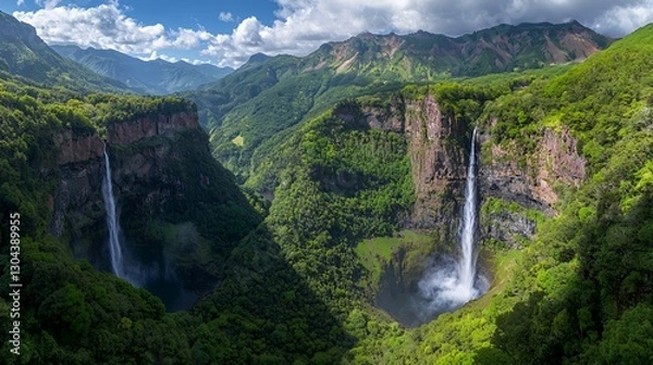 Fototapeta Dual Waterfalls Cascading Down Lush Green Cliffs in a Tropical Valley