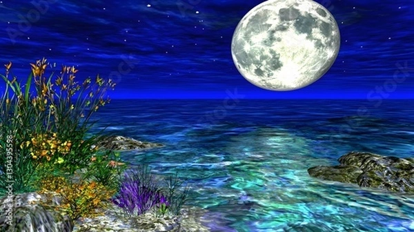 Fototapeta Serene Night Landscape with Full Moon Over Tranquil Ocean and Vibrant Flora on Shoreline