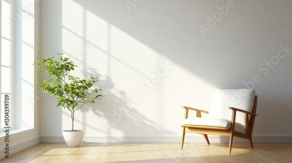 Fototapeta Serene and peaceful Japanese-inspired interior with a low wooden armchair against a clean white wall.