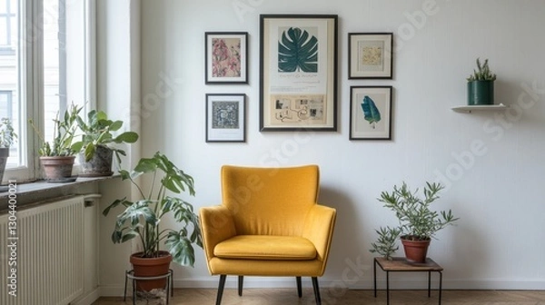 Fototapeta Small and stylish apartment setup with a single armchair near a bright white wall and artistic decor.