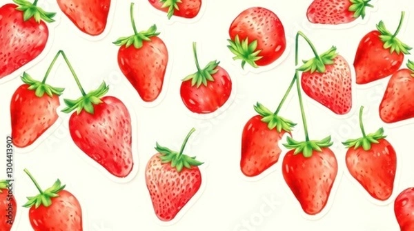 Fototapeta Delicious Strawberry Pattern Fresh Red Berries on Cream Background