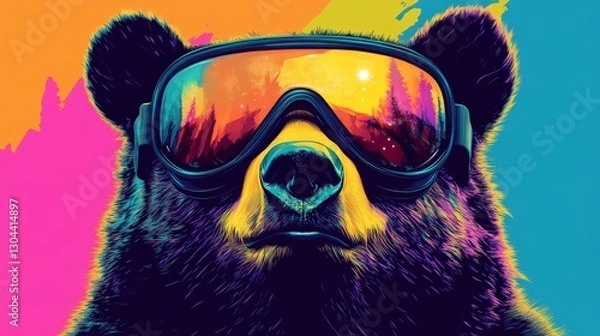 Fototapeta Bear in Goggles: Vibrant Pop Art - A stylish black bear wearing ski goggles, set against a colorful abstract background. Bold, vibrant colors and pop art