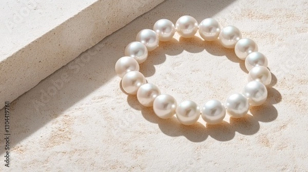 Fototapeta Elegant Pearl Bracelet on Beige Surface - A close-up shot of a pearl bracelet resting on a light beige background. The pearls are round and lustrous