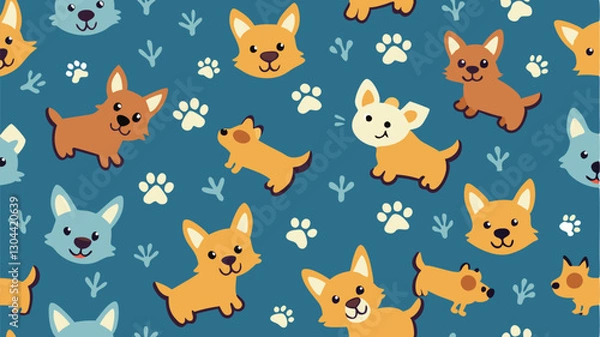 Fototapeta Cute vector illustration of playful dogs with various colors and expressions on a blue background featuring paw print patterns