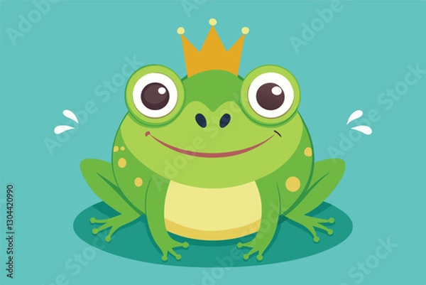 Fototapeta Cheerful green frog wearing a crown sits happily on a vibrant purple background, showcasing a whimsical character from a playful storybook setting