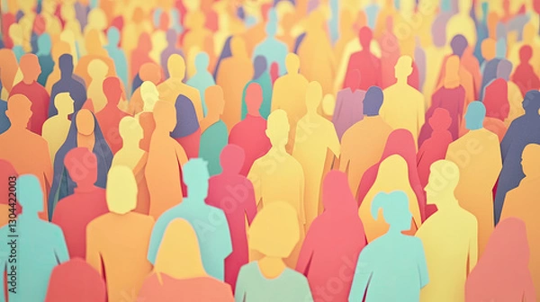 Fototapeta A paper cut artwork depicting a diverse crowd of people. The figures are carefully crafted with unique shapes and sizes, representing a variety of backgrounds and cultures.