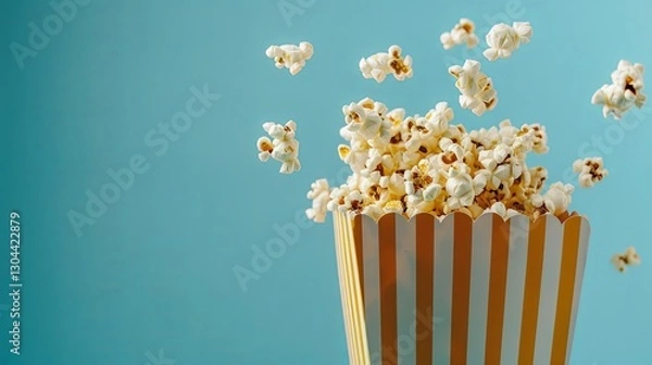 Obraz Striped box with heap of popcorn on blue background background