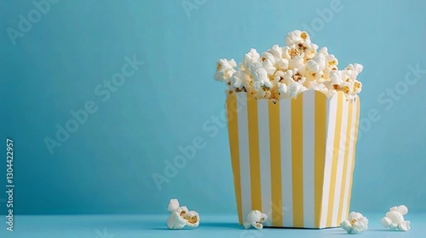 Obraz Striped box with heap of popcorn on blue background background