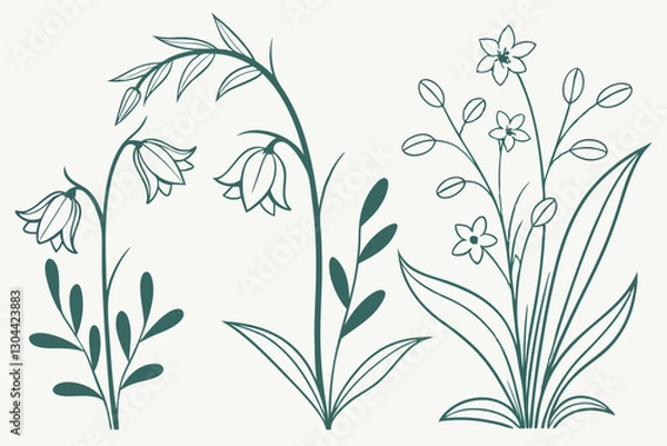 Fototapeta Illustration of delicate flowers and leaves in simple line art style set against a soft pastel background
