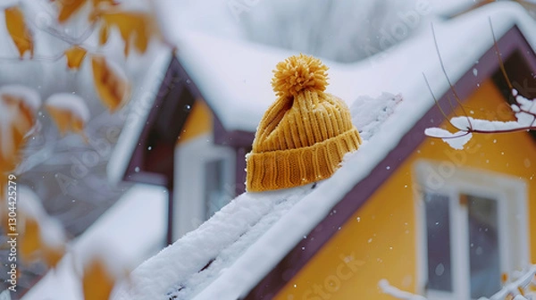 Fototapeta Proper insulation during the cold winter heating season. Cozy house with knitted cap placed on the roof. Energy efficiency and warmth. Save electricity with effective home insulation