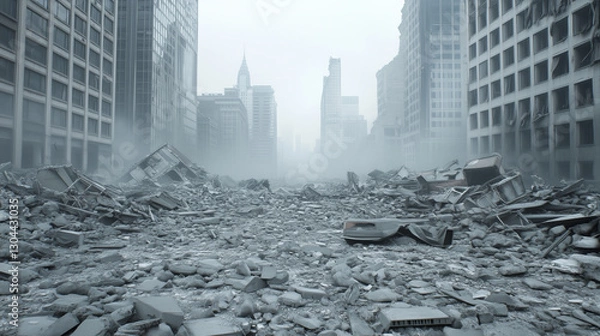 Fototapeta Urban Devastation: A haunting image of a city in ruins, with a foreground of rubble and debris, skyscrapers fade into the hazy background, suggesting a scene of immense destruction and desolation.