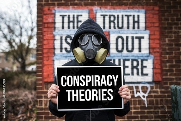 Fototapeta Mysterious person in gas mask holding conspiracy theories sign in front of graffiti wall

