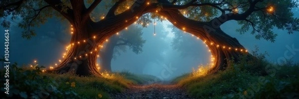 Fototapeta Braided tree archway, glowing fairy lights, foggy forest , stock image, fairy lights, magical realm
