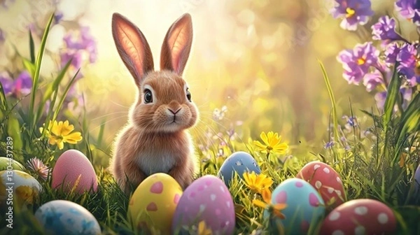 Fototapeta A cute Easter bunny with long ears stands in the grass, surrounded by colorful eggs and flowers, bathed in warm sunlight, creating a joyful and festive Easter scene.