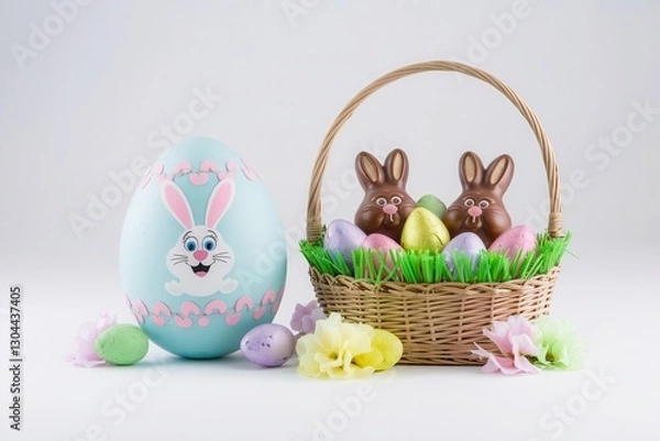 Fototapeta Easter basket with colorful eggs, chocolate bunnies, and spring decorations