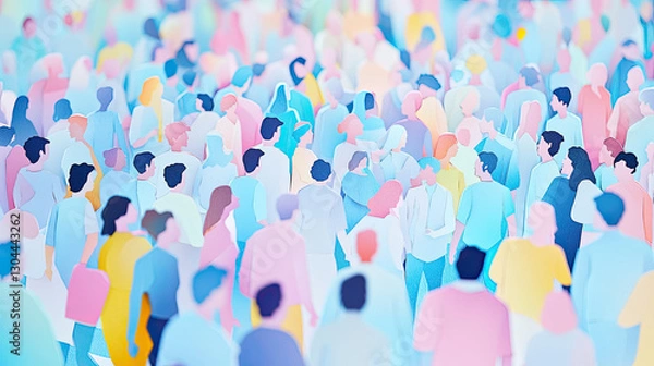 Fototapeta A paper cut artwork depicting a diverse crowd of people. The figures are carefully crafted with unique shapes and sizes, representing a variety of backgrounds and cultures