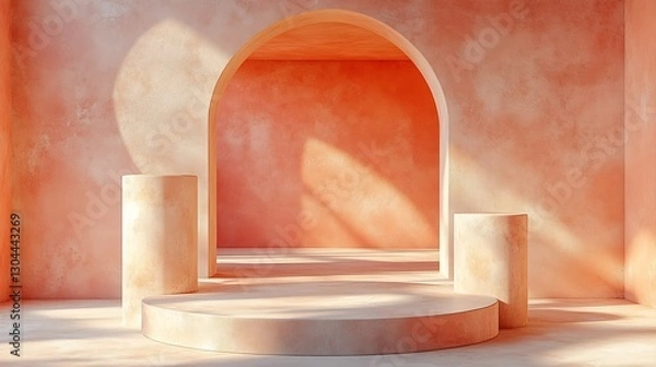 Fototapeta Warm light bathes serene peach room showcasing elegant circular platforms and columns. AI Generated