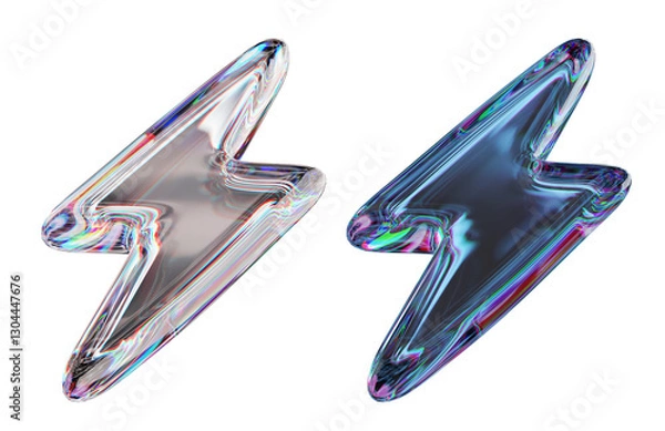 Fototapeta Thunder flash symbol made of dispersion chromatic glass isolated on transparent background. 3d render illustration