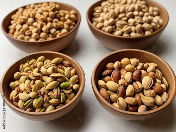 Obraz Assorted Nuts in Wooden Bowls – A Healthy Snack Selection