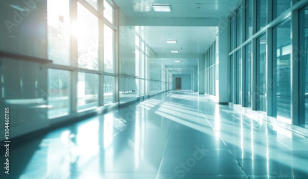 Fototapeta Hall way corridor backdrop soft white blue light blurred background panoramic windows bright light.