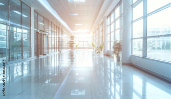 Fototapeta Hall way corridor soft white blue light blurred background panoramic windows bright light backdrop presentation.