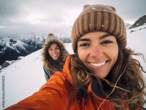 Fototapeta happy Friends enjoying snow on background of mountains. having fun spending winter vacation in mountains Travel in winter