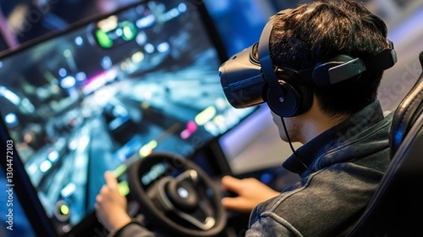 Fototapeta Virtual reality gaming setup with a player immersed in a digital world, surrounded by vibrant graphics