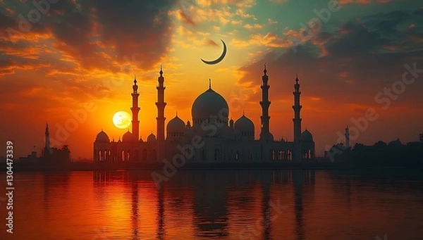 Fototapeta Grand Mosque at Sunset with Crescent Moon and Reflective Water
