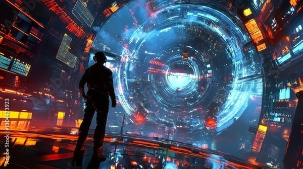 Fototapeta Virtual reality gaming setup with a player immersed in a digital world, surrounded by vibrant graphics