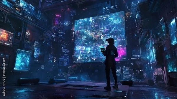 Fototapeta Virtual reality gaming setup with a player immersed in a digital world, surrounded by vibrant graphics