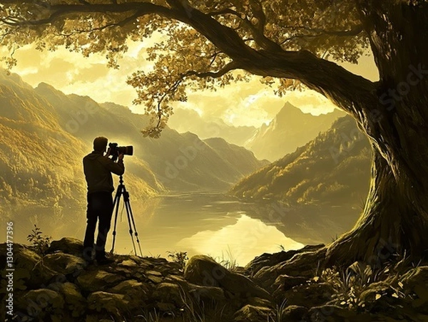 Fototapeta Photographer with a professional camera, capturing a moment in a scenic outdoor location