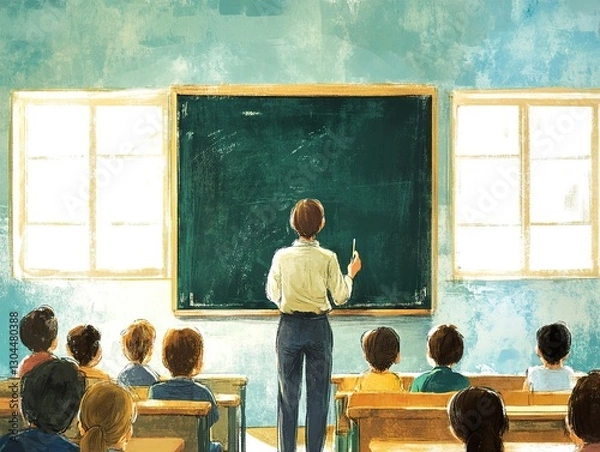 Fototapeta Teacher standing in front of a blackboard, holding chalk, in a bright classroom filled with students