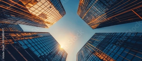 Fototapeta Looking up at a skyscraper from a low angle, the focus shifts from the bottom to the top of the building