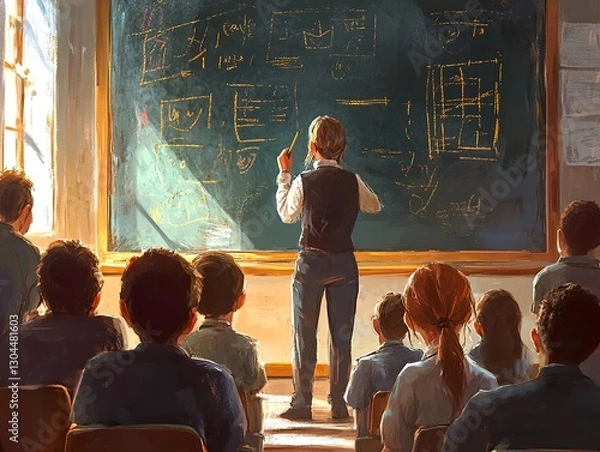 Fototapeta Teacher standing in front of a blackboard, holding chalk, in a bright classroom filled with students