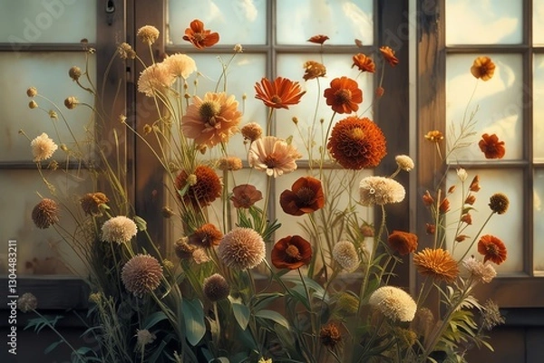 Fototapeta A free-spirited arrangement of wildflowers in rich, earthy tones with a soft, rustic background