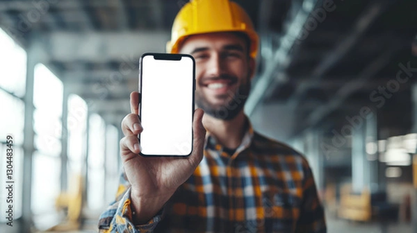 Obraz Life insurance. A happy construction worker holds a cell phone with a white screen in his hand and smiles against the background of the construction site. Phone mockup