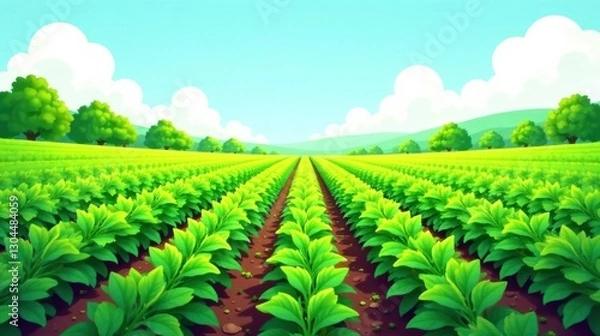 Fototapeta Vibrant Green Field of Lush Crops Under a Sunny Sky with Rolling Hills in the Distance