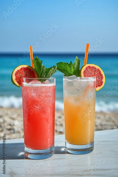 Fototapeta Beachfront Cafe Serving Summer Drinks for Vacationers, Colorful summer drinks by beachfront cafe