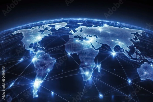Fototapeta A visualization of the world connected by a digital network, symbolizing the change in communication systems and the impact of digital transformation.
