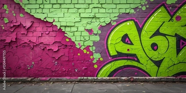 Fototapeta Vibrant pop art mural showcasing bold neon green and magenta colors on a distressed brick wall