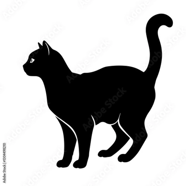 Obraz Graphic illustration of a full-length black cat, with a curved tail, emphasizing its grace and elegance, on a white isolated background