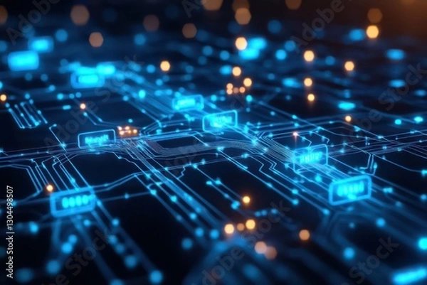 Obraz A futuristic data exchange concept, with blue glowing signals being transferred across interconnected nodes, highlighting digital technology and communication.