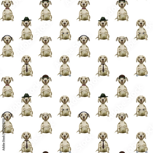 Fototapeta Seamless pattern of dogs in various poses and wearing different accessories like hats, glasses, bow ties, and headphones, creating a fun and whimsical design.