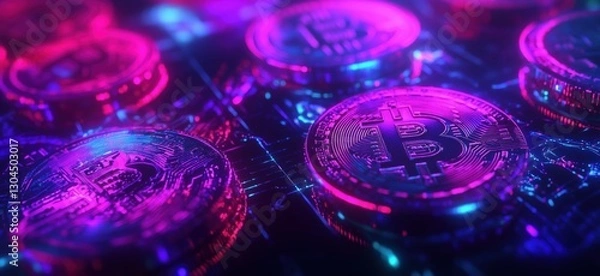 Fototapeta Bitcoin cryptocurrency coins glowing in neon colors on digital circuit background